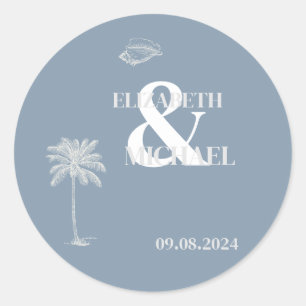 Minimalist Tropical Wedding Dusty Blue Classic Round Sticker