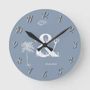 Minimalist Tropical Wedding Dusty Blue Round Clock