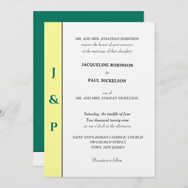 Minimalist Tropical Yellow Green Monogram  Invitation (Front/Back)