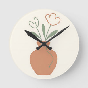 Minimalist Tulip Vase Line Art Round Clock