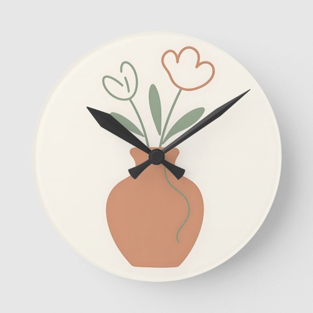 Minimalist Tulip Vase Line Art Round Clock (Front)