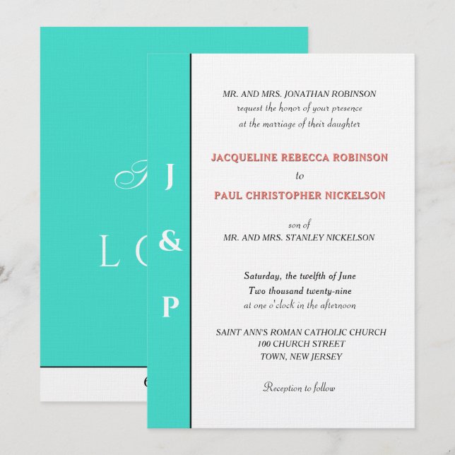 Minimalist Turquoise Coral Monogram  Invitation (Front/Back)