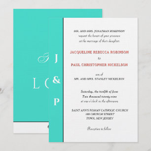 Minimalist Turquoise Coral Monogram  Invitation