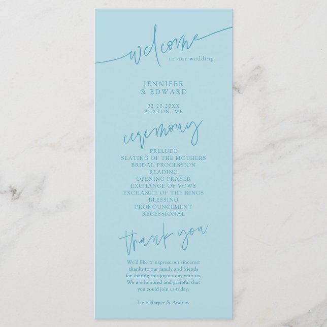 Minimalist Turquoise Wedding Ceremony Program Programme (Front)