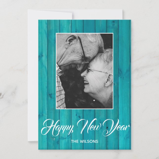 Minimalist turquoise woody photo Happy new year  Holiday Card (Front)