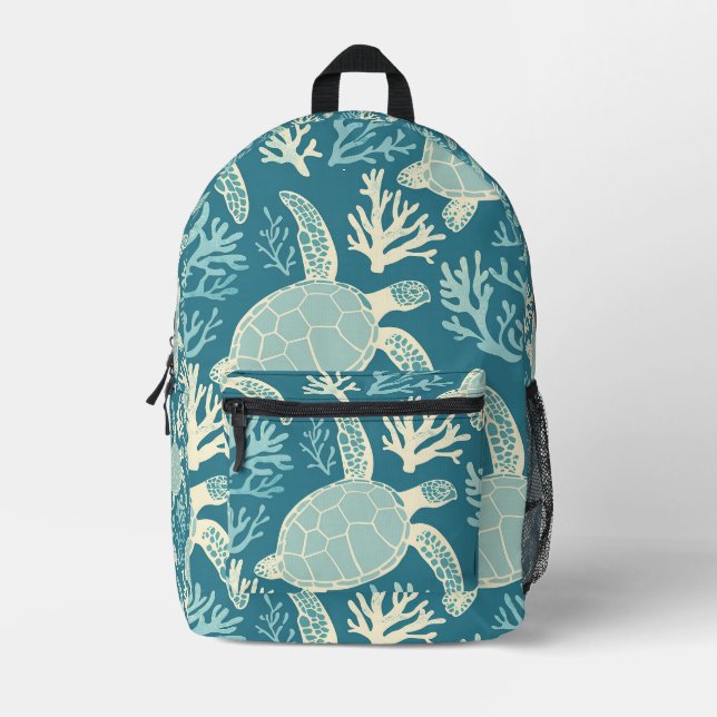 Minimalist Turtle and Coral Art Printed Backpack (Front)