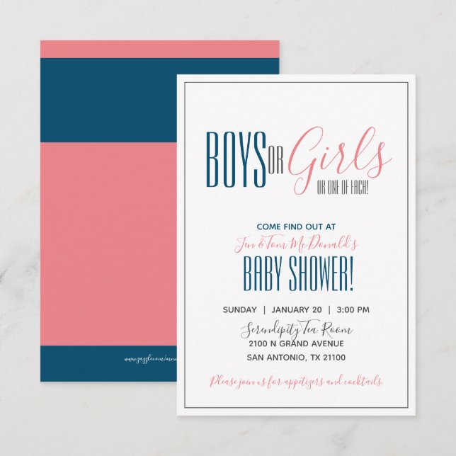minimalist twin GENDER REVEAL shower NAVY & CORAL Invitation (Front/Back)