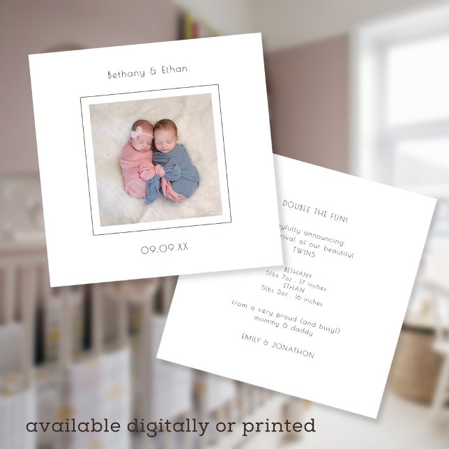 Minimalist Twins Photo Birth Announcement (Creator Uploaded)