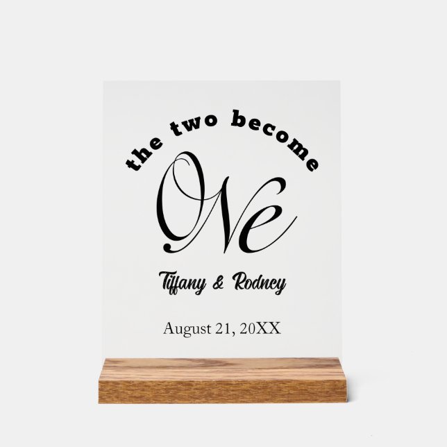 Minimalist Two Become One Bride & Groom Wedding Acrylic Sign (Front)