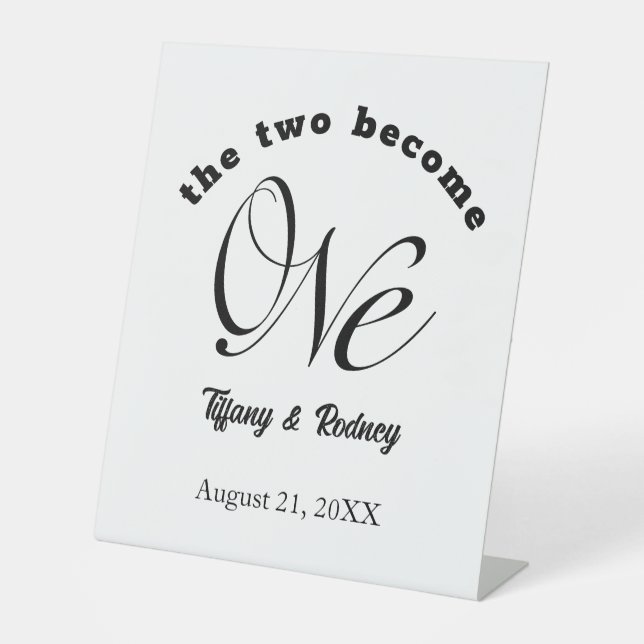 Minimalist Two Become One Bride & Groom Wedding Pedestal Sign (Front)
