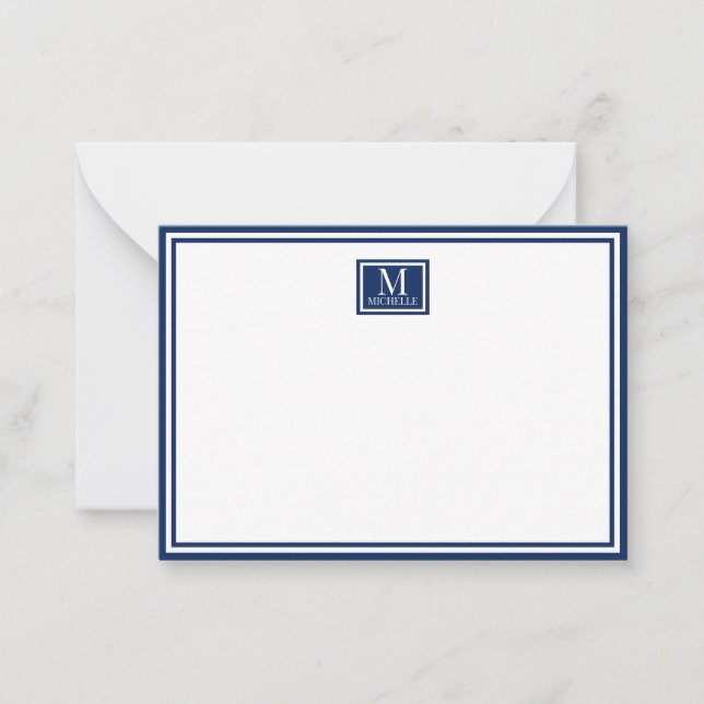 Minimalist Two Boarder Monogram Name Navy Blue Card (Front)