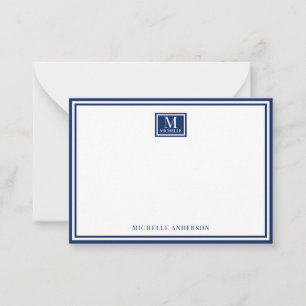Minimalist Two Boarder Monogram Name Navy Blue Card
