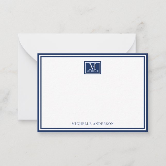 Minimalist Two Boarder Monogram Name Navy Blue Card (Front)
