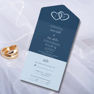 Minimalist Two Hearts Intertwined & Initials Blue All In One Invitation