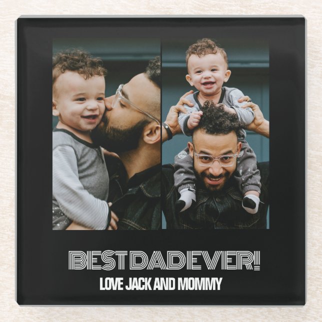 Minimalist Two Photo Collage Best Dad Ever Glass Coaster (Front)