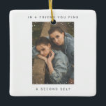 Minimalist Two Photo Snowfall Best Friends Photo Ceramic Ornament<br><div class="desc">Minimalist Two Photo Snowfall Best Friends Photo Christmas Ceramic Ornament keepsake featuring your personalised photos (squared, landscape or portrait, horizontal or vertical) into snowflakes frame and with white noise film vintage overlay, and your customised holiday, name and text in stylish and modern sans serif font, the font style and colours...</div>