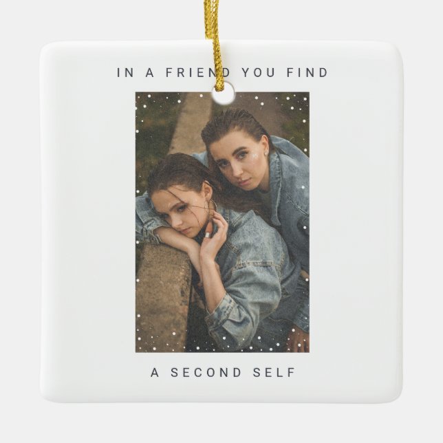 Minimalist Two Photo Snowfall Best Friends Photo Ceramic Ornament (Front)