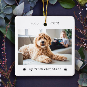 Minimalist Typewriter Dog's First Christmas Photo Ceramic Ornament