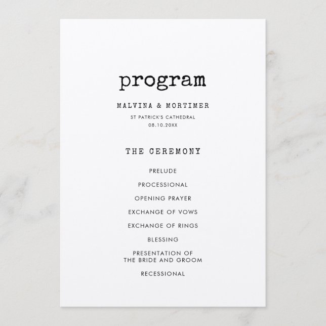 Minimalist typewriter double sided wedding programme (Front)
