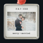 Minimalist Typewriter | Merry and Married Photo Metal Tree Decoration<br><div class="desc">This simple and minimalist Christmas ornament features your favourite wedding photo along with your initials,  the year,  and the words "merry and married" in black typewriter look text. A stylish keepsake for your first Christmas as husband and wife.</div>