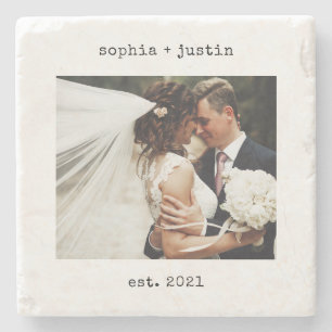Minimalist Typewriter   Wedding Photo and Year Stone Coaster
