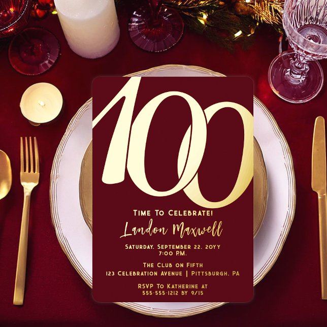 Minimalist Typography 100 100th Birthday Party (Elegant Minimalist Typography "100" 100th Birthday Party Burgundy and Gold Foil Invitation)