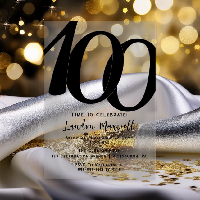 Minimalist Typography 100 100th Birthday Party Acrylic Invitations (Elegant Minimalist Typography "100" 100th Birthday Party Black and Clear Acrylic Invitation)