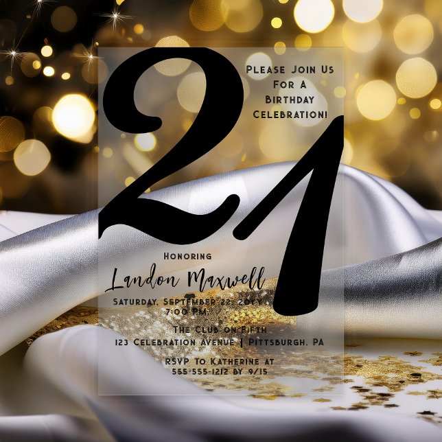 Minimalist Typography 21 21st Birthday Party Acrylic Invitations (Elegant Minimalist Typography "21" 21st Birthday Party Black and Clear Acrylic Invitation)
