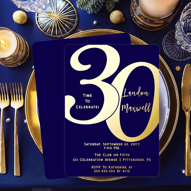 Minimalist Typography 30 30th Birthday Party (Elegant Minimalist Typography "30" 30th Birthday Party Dark Blue and Gold Foil Invitation)