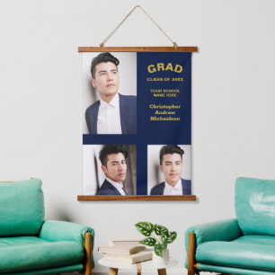 Minimalist Typography 3 Photo Graduation Hanging Tapestry