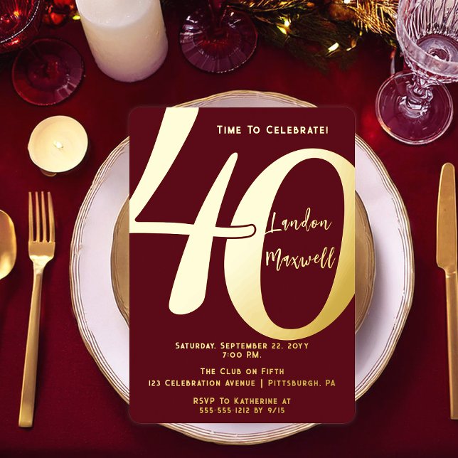 Minimalist Typography 40 40th Birthday Party (Elegant Minimalist Typography "40" 40th Birthday Party Burgundy and Gold Foil Invitation)