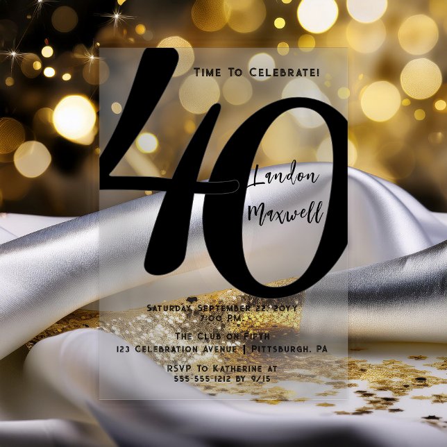 Minimalist Typography 40 40th Birthday Party Acrylic Invitations (Elegant Minimalist Typography "40" 40th Birthday Party Black and Clear Acrylic Invitation)