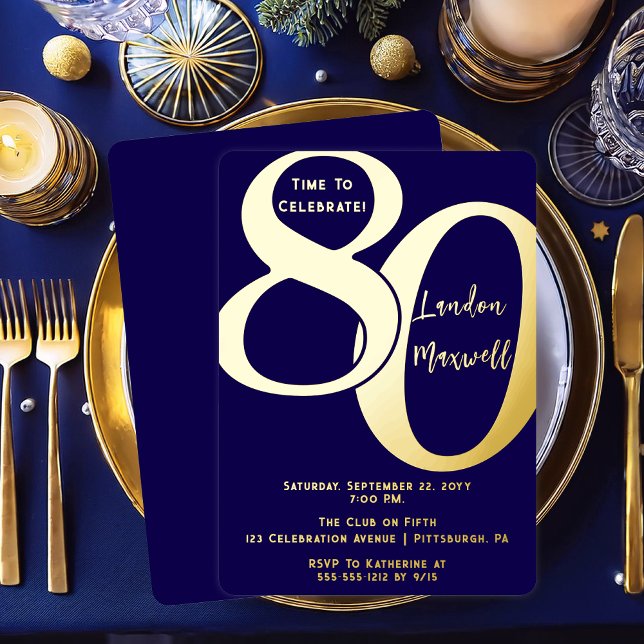 Minimalist Typography 80 80th Birthday Party (Elegant Minimalist Typography "80" 80th Birthday Party Dark Blue and Gold Foil Invitation)