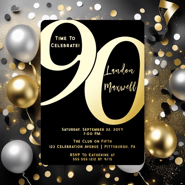 Minimalist Typography 90 90th Birthday Party (Elegant Minimalist Typography "90" 90th Birthday Party Foil Invitation)