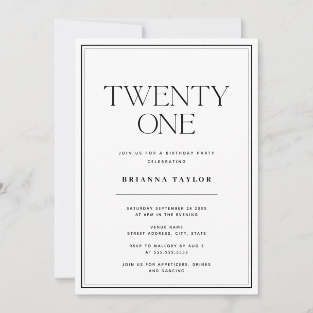 Minimalist Typography Black & White 21st Birthday Invitation (Front)