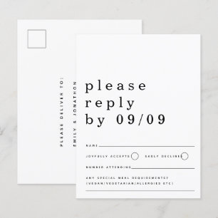 Minimalist Typography Black White Wedding RSVP Postcard
