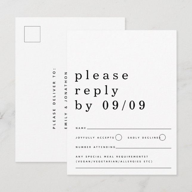 Minimalist Typography Black White Wedding RSVP Postcard (Front/Back)