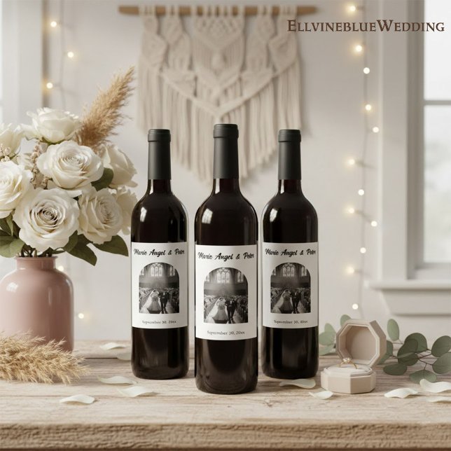 Minimalist Typography Boutique Arch Photo Wedding Wine Label (Creator Uploaded)