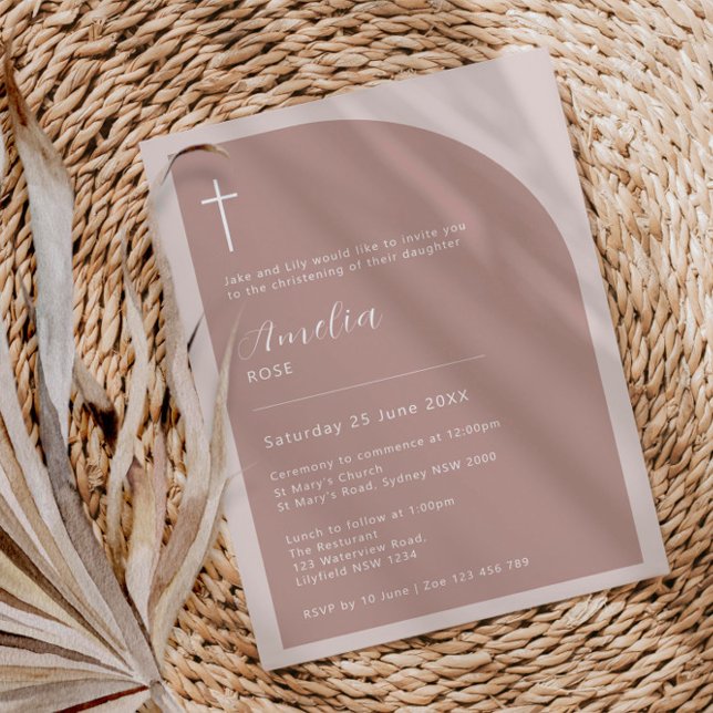 Minimalist Typography cross pink rose arch baptism Invitation (Creator Uploaded)