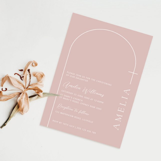 Minimalist Typography cross rose pink arch baptism Invitation (Creator Uploaded)
