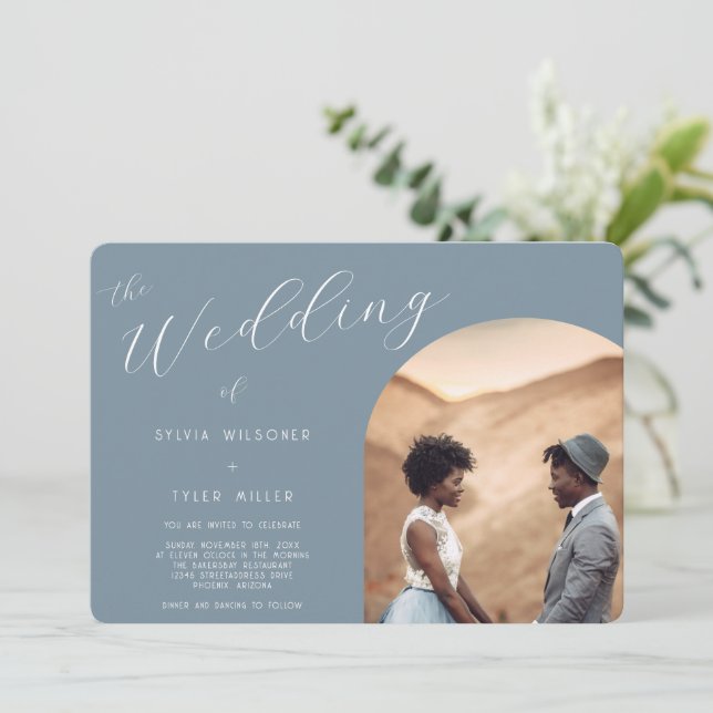 Minimalist Typography Dusty Blue Photo Wedding Invitation (Standing Front)
