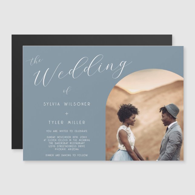 Minimalist Typography Dusty Blue Photo Wedding Magnetic Invitation (Front/Back)