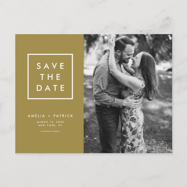 Minimalist Typography Gold Photo Save the Date Announcement Postcard (Front)