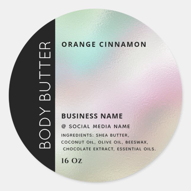 Minimalist typography holographic product label (Front)