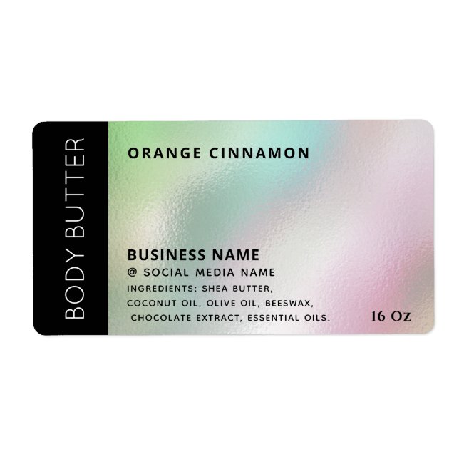 Minimalist typography holographic product label (Front)