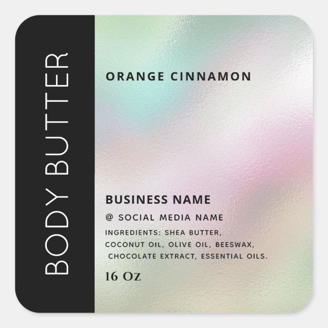 Minimalist typography holographic product label (Front)