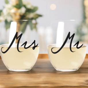 Minimalist Typography Modern Mr Mrs Wedding Stemless Wine Glass