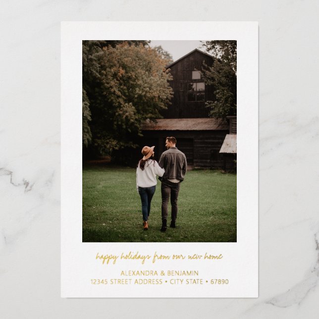 Minimalist Typography Moved New Home Photo Gold Foil Holiday Card (Front)