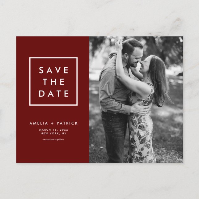 Minimalist Typography Red Photo Save the Date Announcement Postcard (Front)