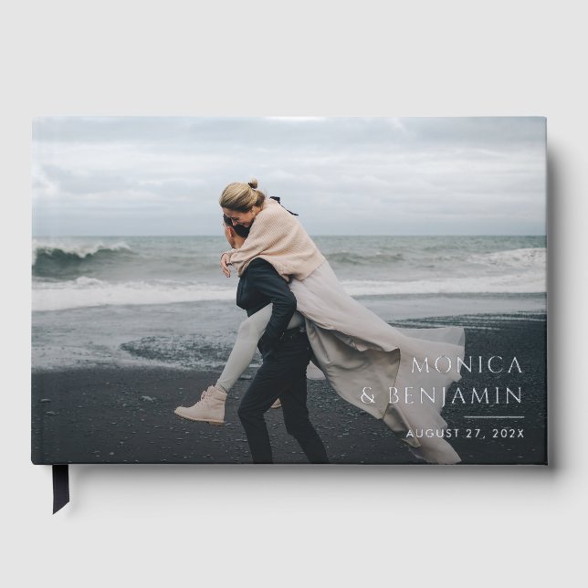 Minimalist Typography Rose Gold Foil Photo Wedding Guest Book (Front)